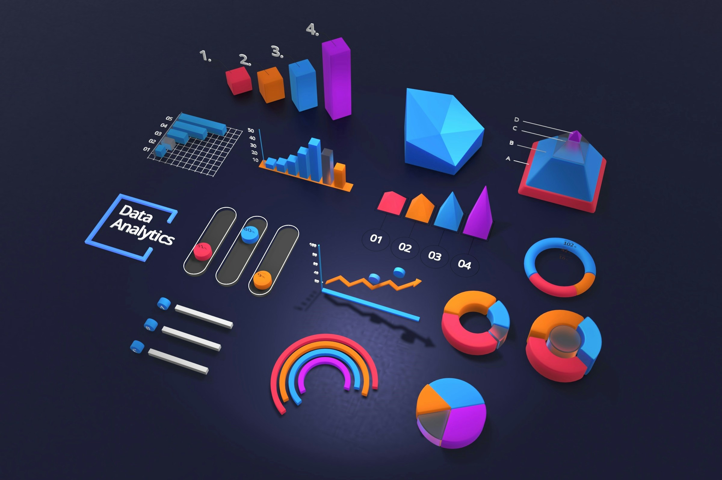 Miniature neon themed 3d graphs on a dark blue background. AI generated.